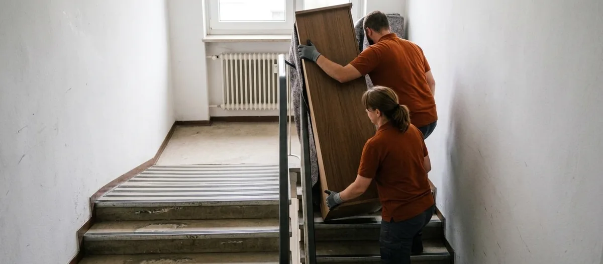 Zwei Umzugshelfer führen einen schmalen hohen Schrank um eine Treppenwendung