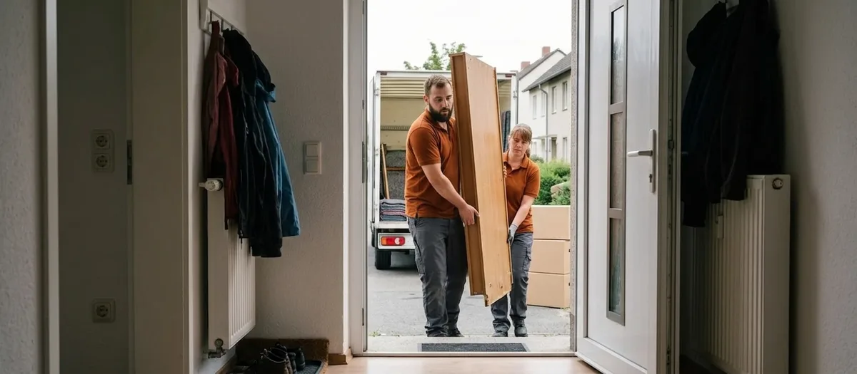 Zwei Umzugskräfte tragen einen zerlegten Kleiderschrank aus der Haustür eines Siedlungshauses zum offenen Umzugswagen