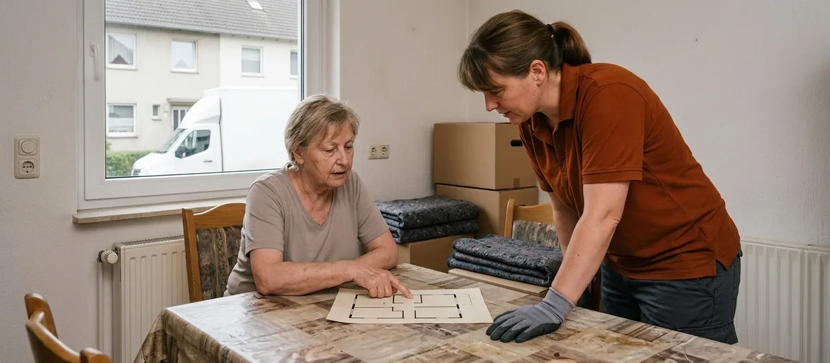 Ältere Frau sitzt am Esstisch und zeigt einem Umzugshelfer auf einem Grundriss, welcher Schrank in die neue Wohnung mitkommt