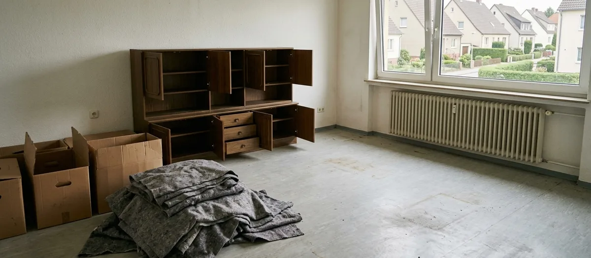Beschriftete Kartons und ein leergeräumter Wohnzimmerschrank in einer aufgelösten Wohnung, daneben gestapelte Möbeldecken