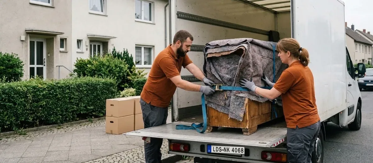 Zwei Männer sichern eine massive Anrichte mit Gurten und Möbeldecken auf der Ladebordwand eines Umzugswagens vor einem Einfamilienhaus
