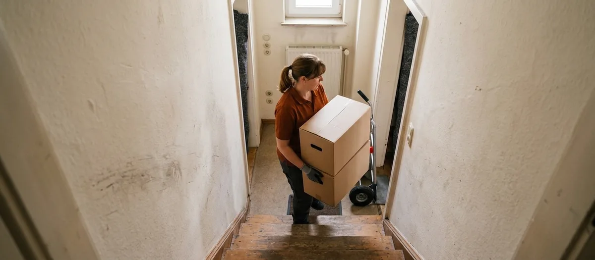 Umzugshelfer trägt gestapelte beschriftete Kartons eine schmale Innentreppe hinunter, im Flur wartet eine Sackkarre