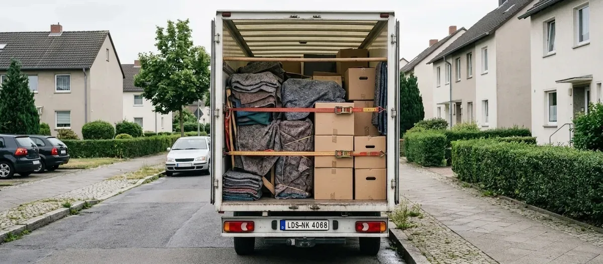 Vollständig beladener Umzugswagen mit gesicherter und verzurrter Ladung kurz vor der Abfahrt am frühen Morgen