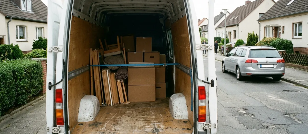 Beschriftete Kartons und zerlegte Möbelteile stehen für eine Beiladung sortiert im Laderaum eines Umzugswagens bereit